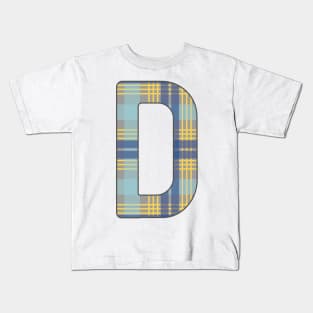 Monogram Letter D, Blue, Yellow and Grey Scottish Tartan Style Typography Design Kids T-Shirt